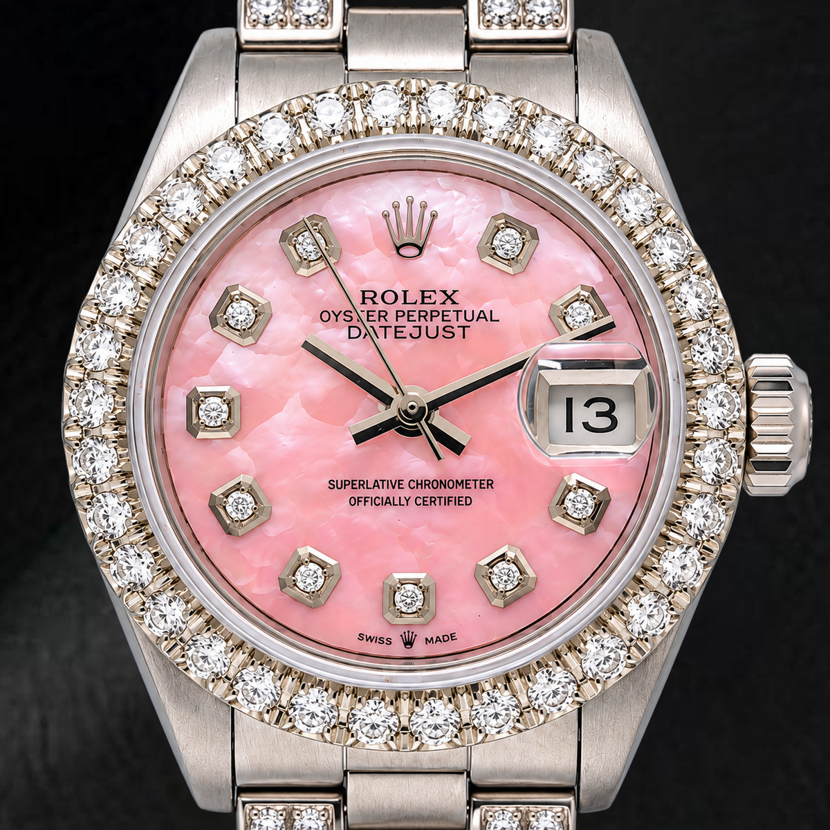 Rolex Datejust  6916 26mm Pink Mother of Pearl Diamond Dial Stainless Steel Semi Diamond Oyster Bracelet Watch