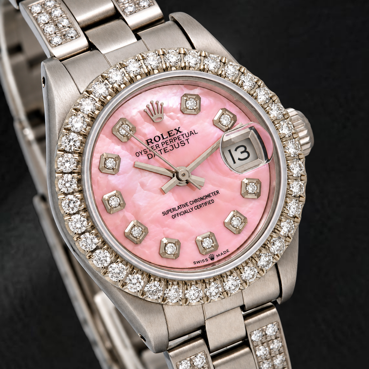 Rolex Datejust  6916 26mm Pink Mother of Pearl Diamond Dial Stainless Steel Semi Diamond Oyster Bracelet Watch