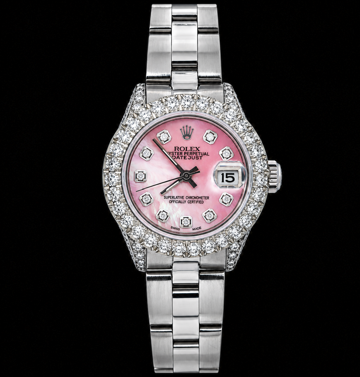 Rolex Datejust 6916 26mm Pink Mother of Pearl Diamond Dial Stainless Steel Watch
