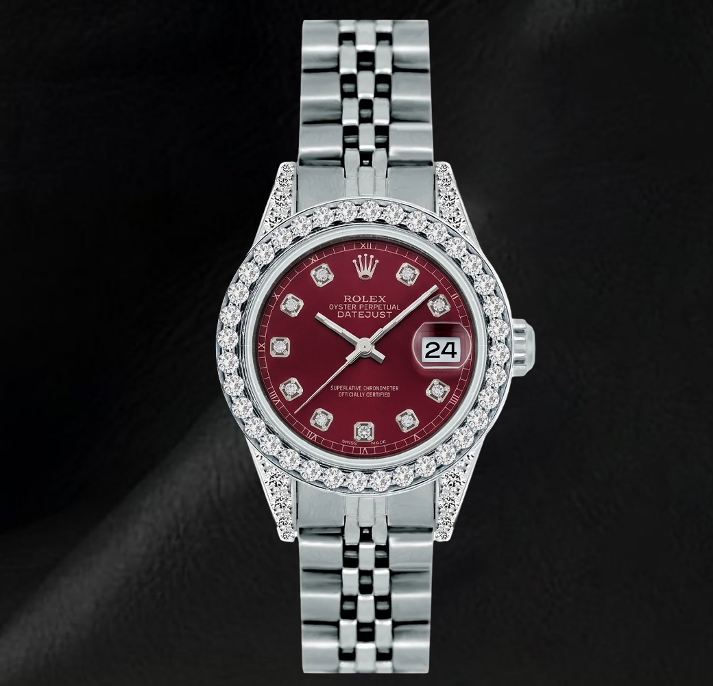 Rolex Datejust 6916 26mm Red Diamond Dial Diamond Bezel Stainless Steel Watch