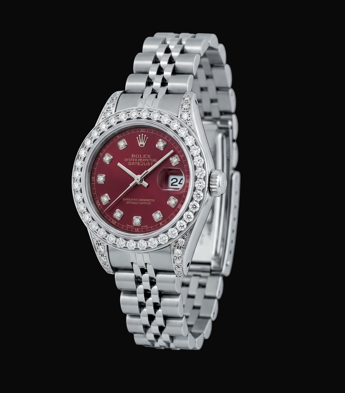 Rolex Datejust 6916 26mm Red Diamond Dial Diamond Bezel Stainless Steel Watch