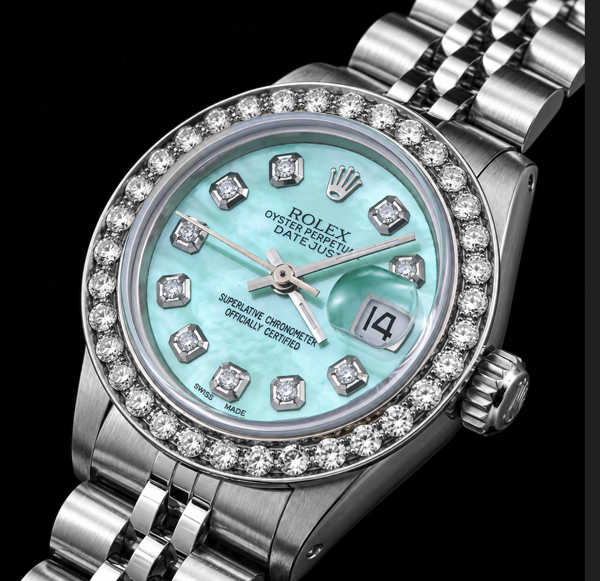Rolex Datejust 6916 26mm Turquoise Mother of Pearl Diamond Dial Stainless Steel Watch