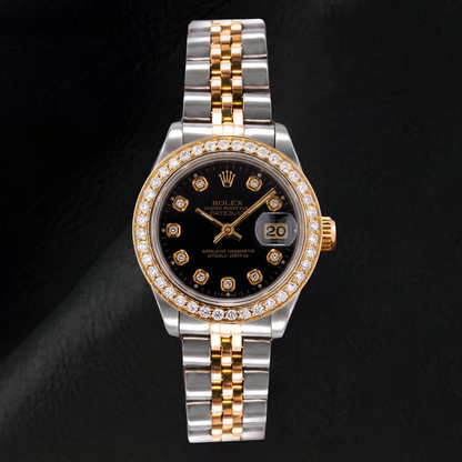 Rolex Datejust 69173 26mm Black Diamond Dial Two Tone Watch