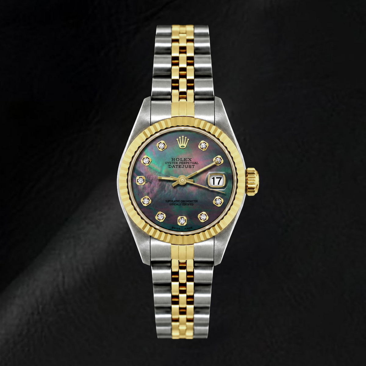 Rolex Datejust 69173 26mm Black Mother of Pearl Diamond Dial Two Tone Watch