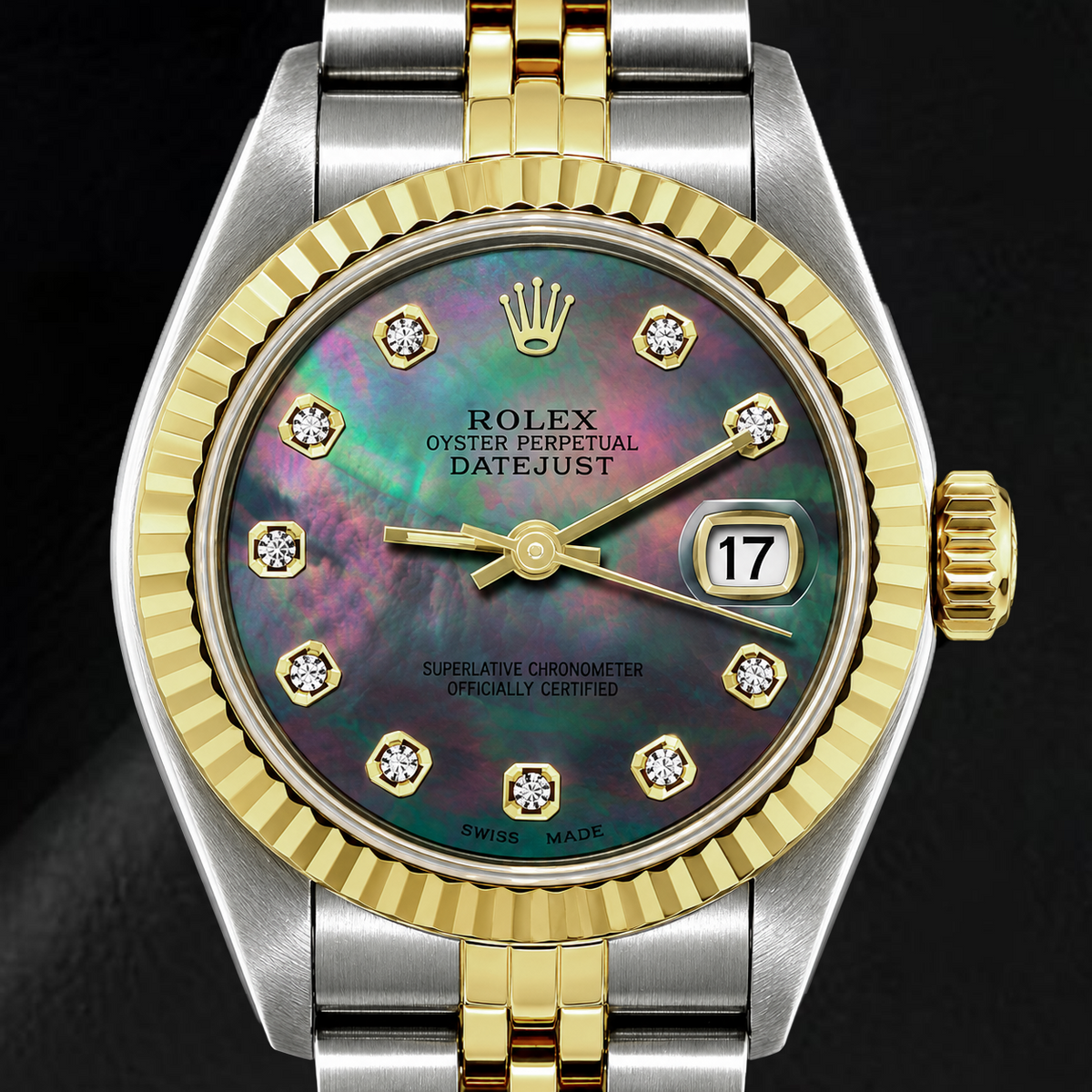 Rolex Datejust 69173 26mm Black Mother of Pearl Diamond Dial Two Tone Watch