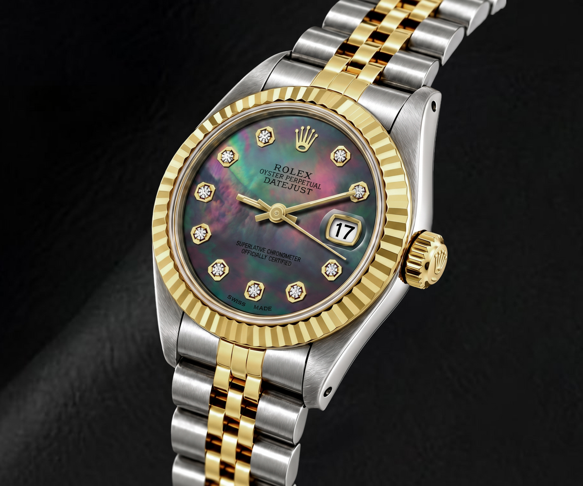 Rolex Datejust 69173 26mm Black Mother of Pearl Diamond Dial Two Tone ...