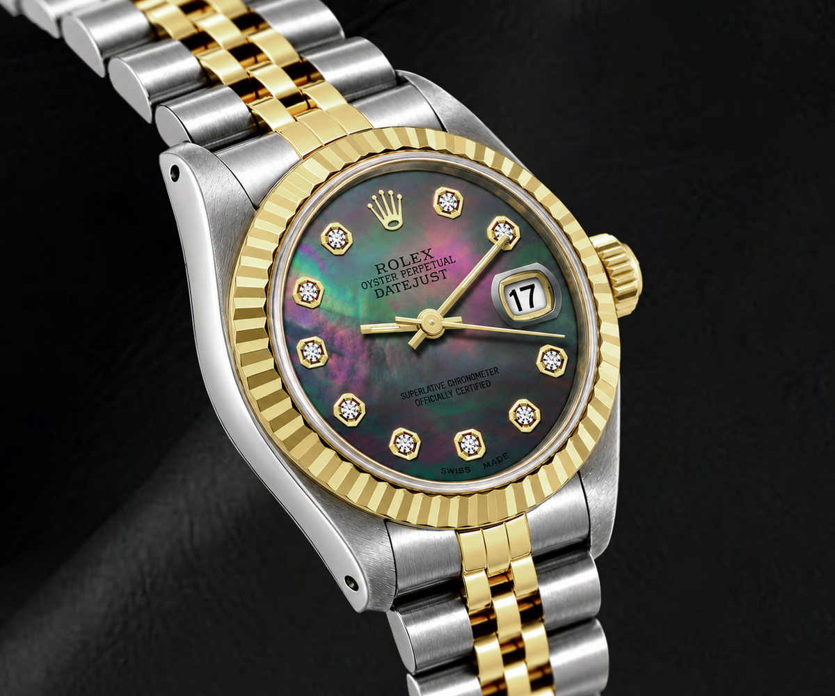 Rolex Datejust 69173 26mm Black Mother of Pearl Diamond Dial Two Tone Watch