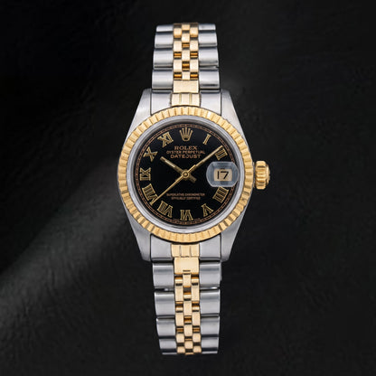 Rolex Datejust 69173 26mm Black Roman Dial Two Tone Watch