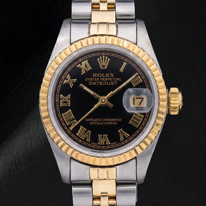 Rolex Datejust 69173 26mm Black Roman Dial Two Tone Watch