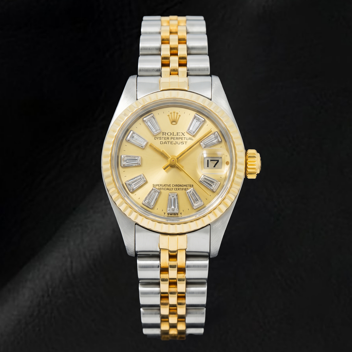 Rolex Datejust 69173 26mm Champagne Baguette Diamond Dial Two Tone Watch