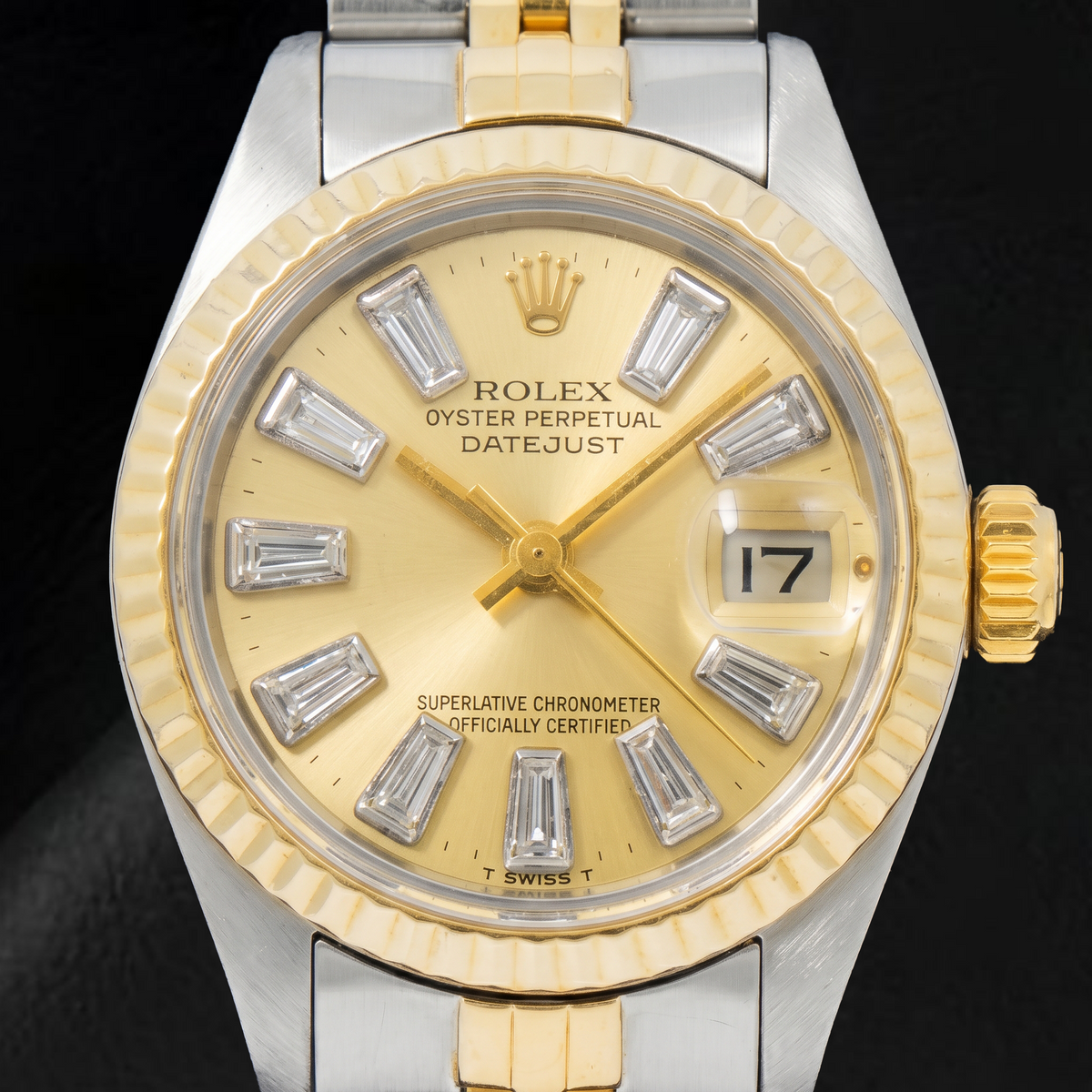 Rolex Datejust 69173 26mm Champagne Baguette Diamond Dial Two Tone Watch