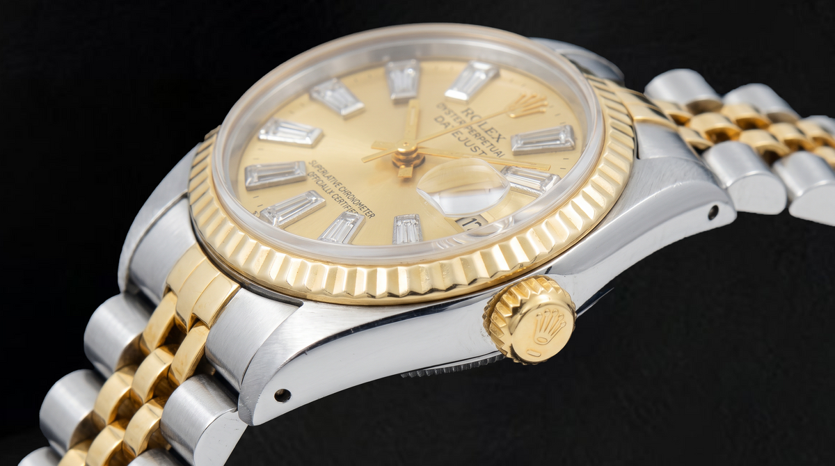 Rolex Datejust 69173 26mm Champagne Baguette Diamond Dial Two Tone Watch