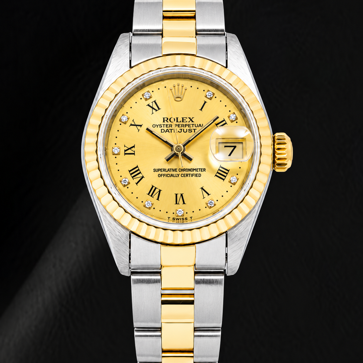 Rolex Datejust 69173 26mm Champagne Roman Factory Diamond Dial Two Tone Oyster Bracelet Watch