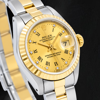 Rolex Datejust 69173 26mm Champagne Roman Factory Diamond Dial Two Tone Oyster Bracelet Watch