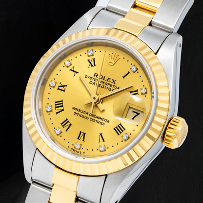 Rolex Datejust 69173 26mm Champagne Roman Factory Diamond Dial Two Tone Oyster Bracelet Watch
