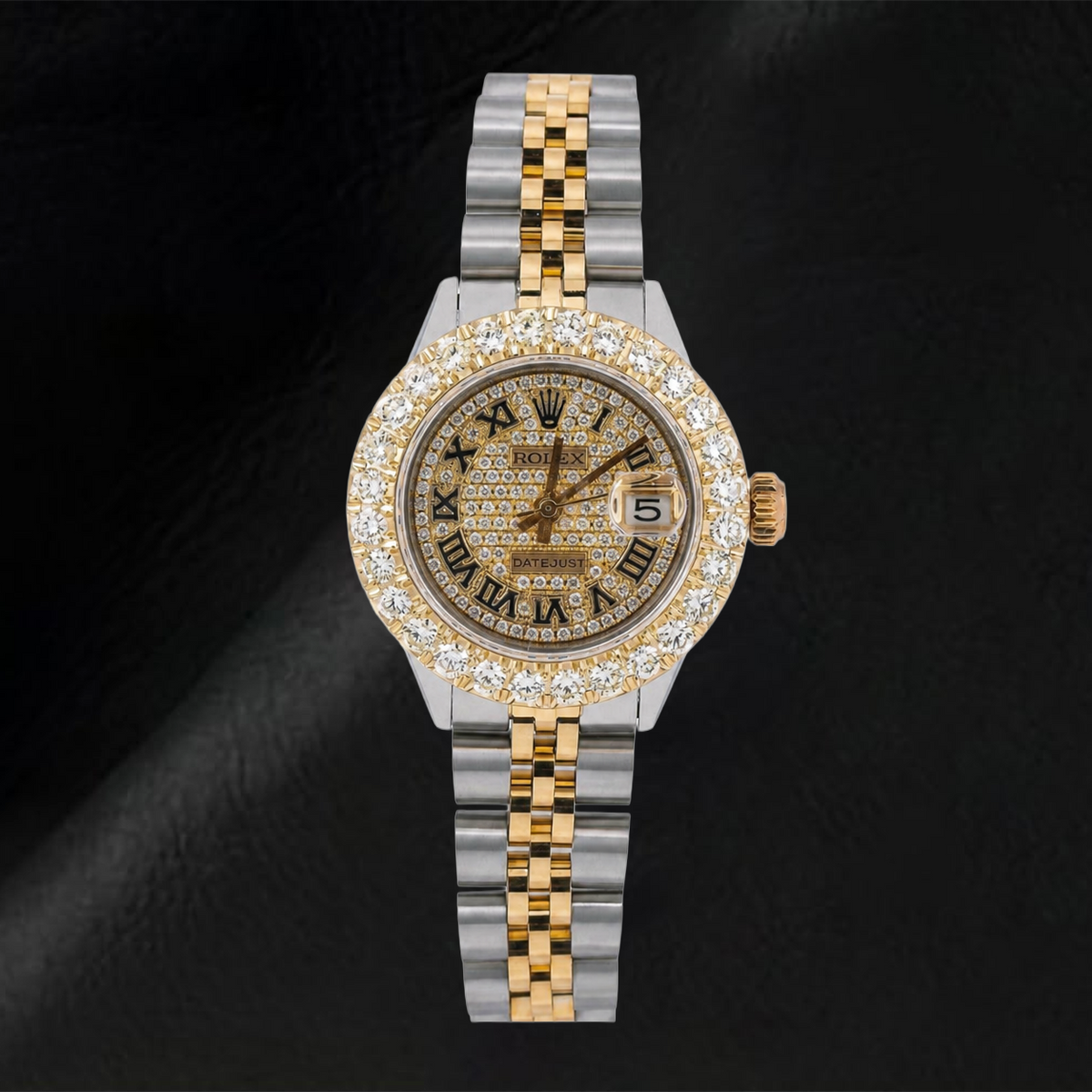 Rolex Datejust 69173 26mm Paved Diamond Roman Dial Two Tone Jubilee Bracelet Watch