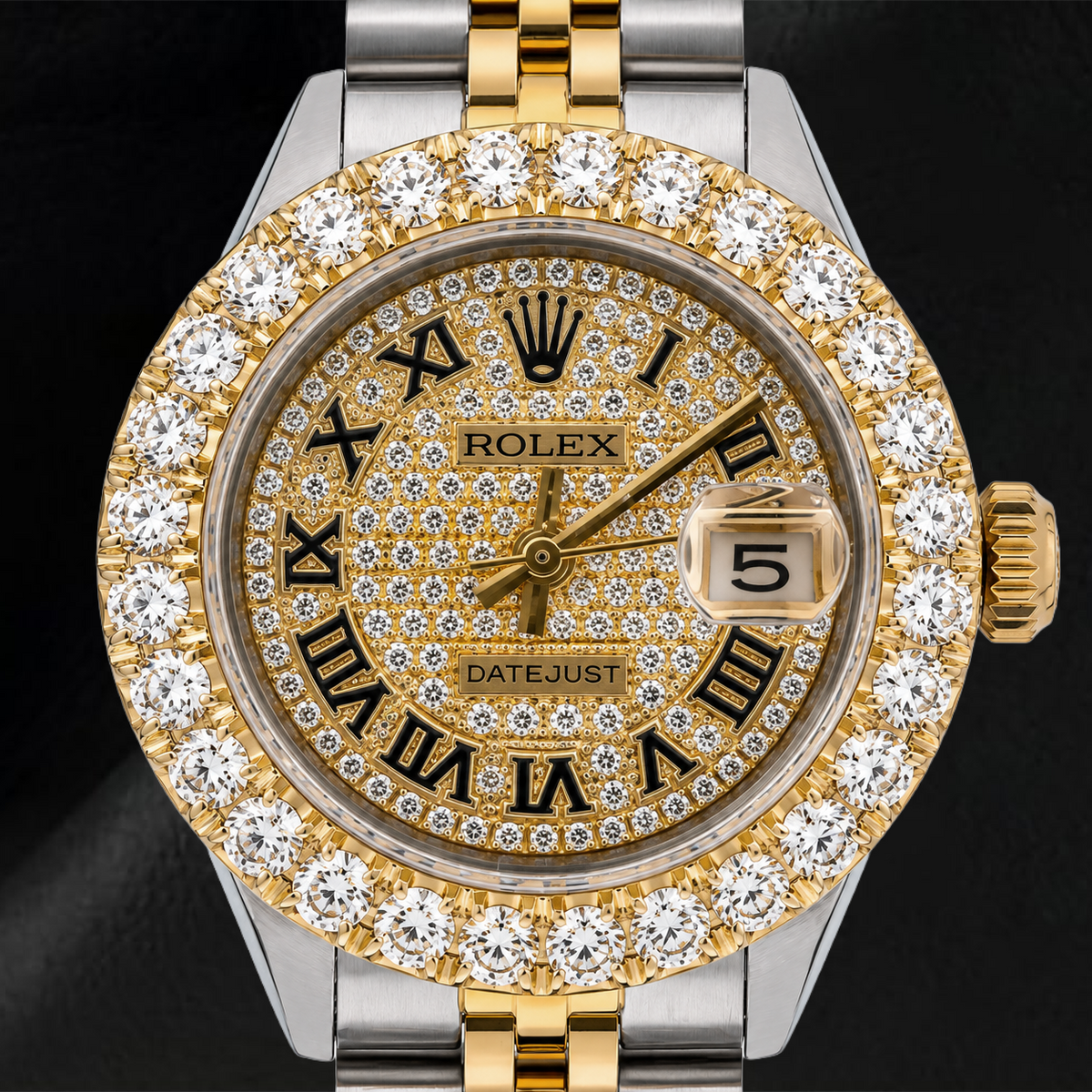 Rolex Datejust 69173 26mm Paved Diamond Roman Dial Two Tone Jubilee Bracelet Watch