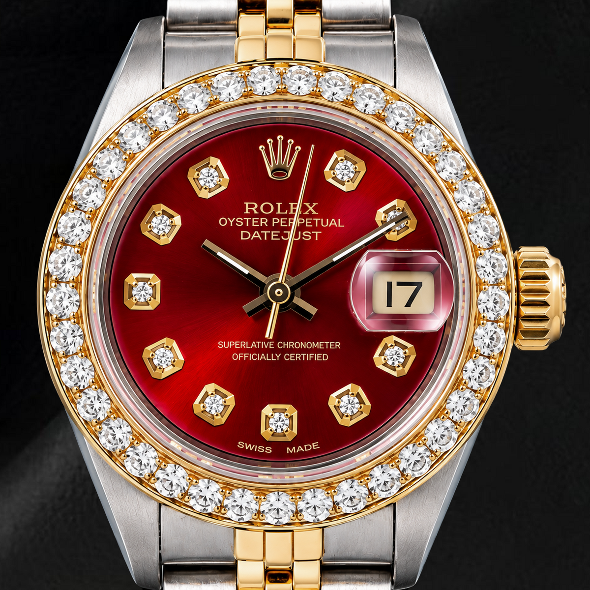 Rolex Datejust 69173 26mm Red Diamond Dial Two Tone Jubilee Bracelet Watch
