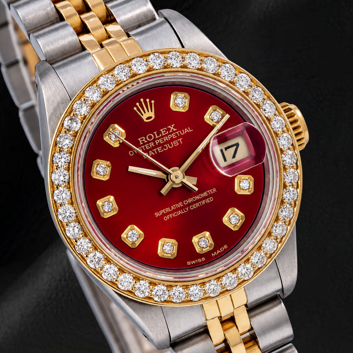 Rolex Datejust 69173 26mm Red Diamond Dial Two Tone Jubilee Bracelet Watch