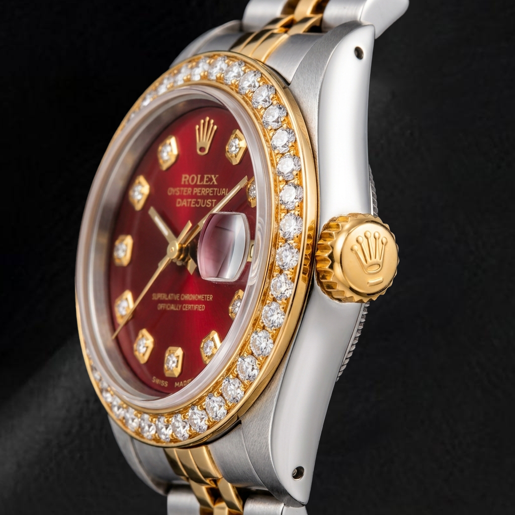 Rolex Datejust 69173 26mm Red Diamond Dial Two Tone Jubilee Bracelet Watch