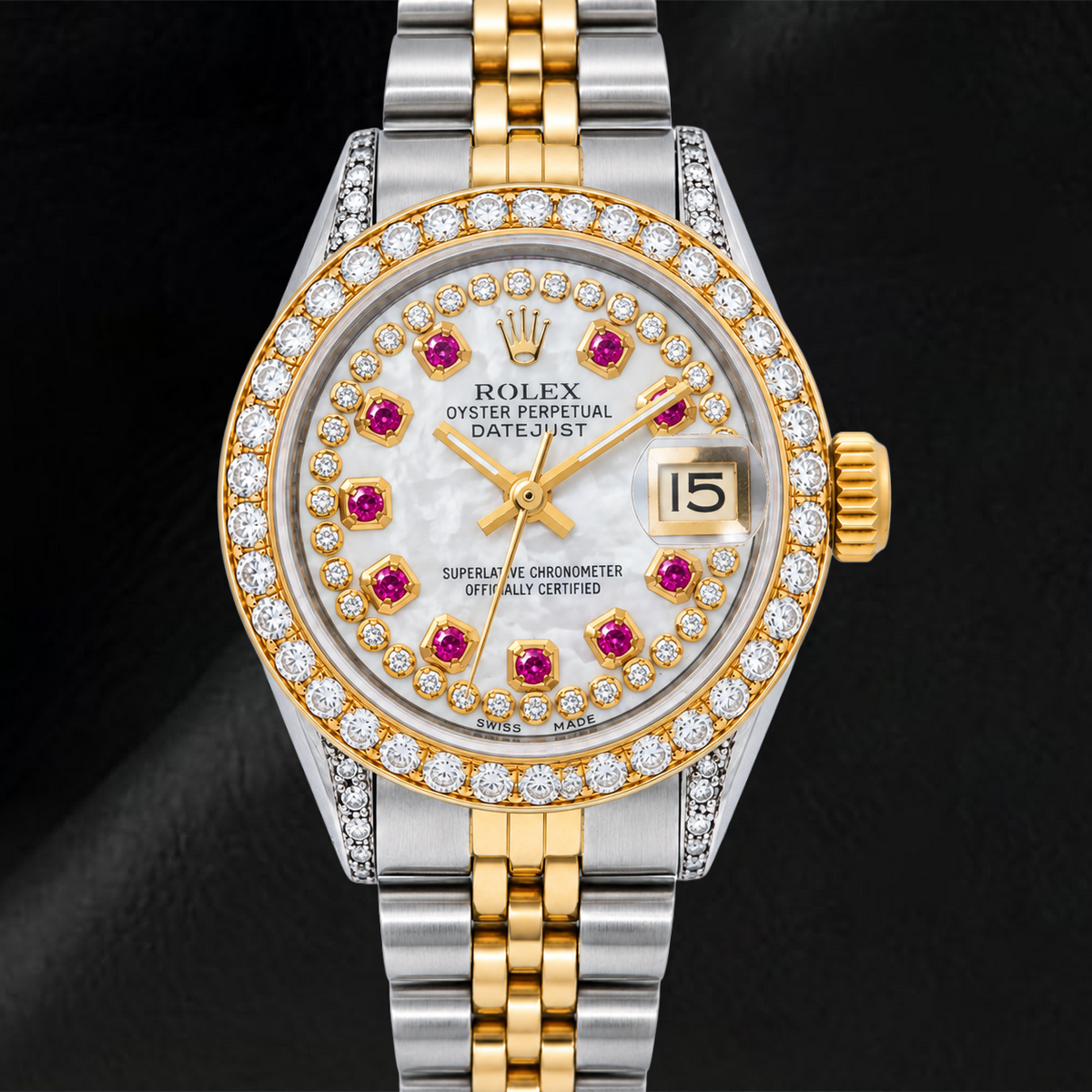 Rolex Datejust 69173 26mm White Mother of Pearl String Diamond Dial Two Tone Jubilee Bracelet Watch