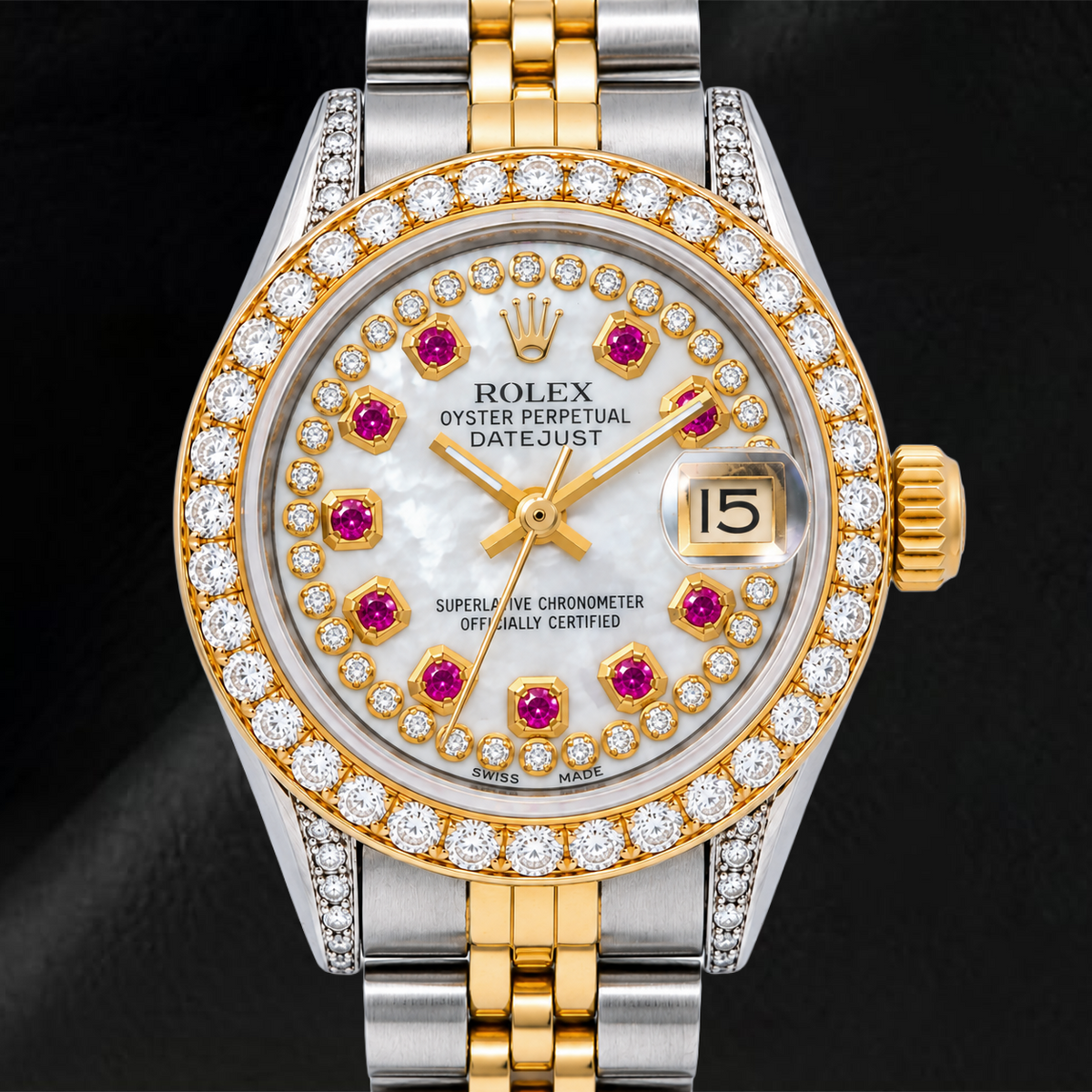 Rolex Datejust 69173 26mm White Mother of Pearl String Diamond Dial Two Tone Jubilee Bracelet Watch