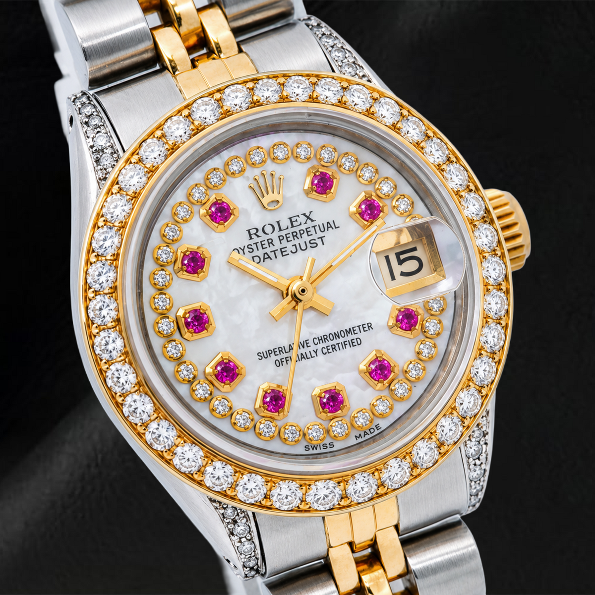 Rolex Datejust 69173 26mm White Mother of Pearl String Diamond Dial Two Tone Jubilee Bracelet Watch