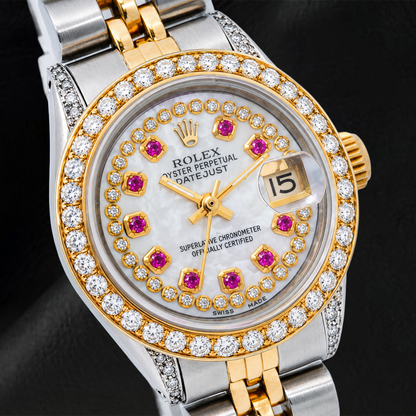 Rolex Datejust 69173 26mm White Mother of Pearl String Diamond Dial Two Tone Jubilee Bracelet Watch