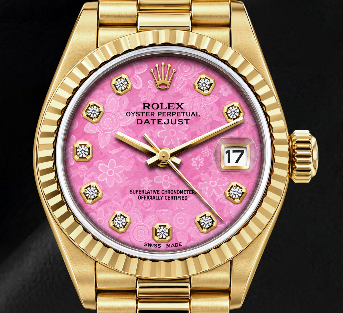 Rolex Datejust 69178 26mm Pink Floral Diamond Dial Yellow Gold Watch
