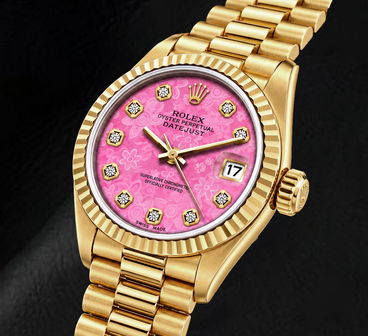 Rolex Datejust 69178 26mm Pink Floral Diamond Dial Yellow Gold Watch