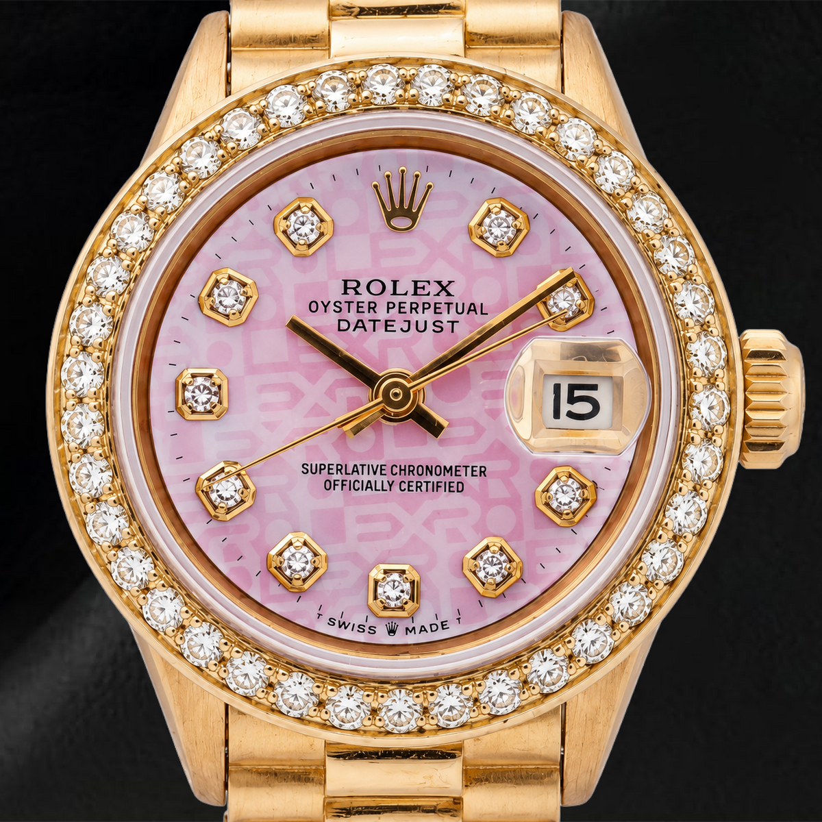 Rolex Datejust 69178 26mm Pink Jubilee Diamond Dial Yellow Gold President Bracelet Watch