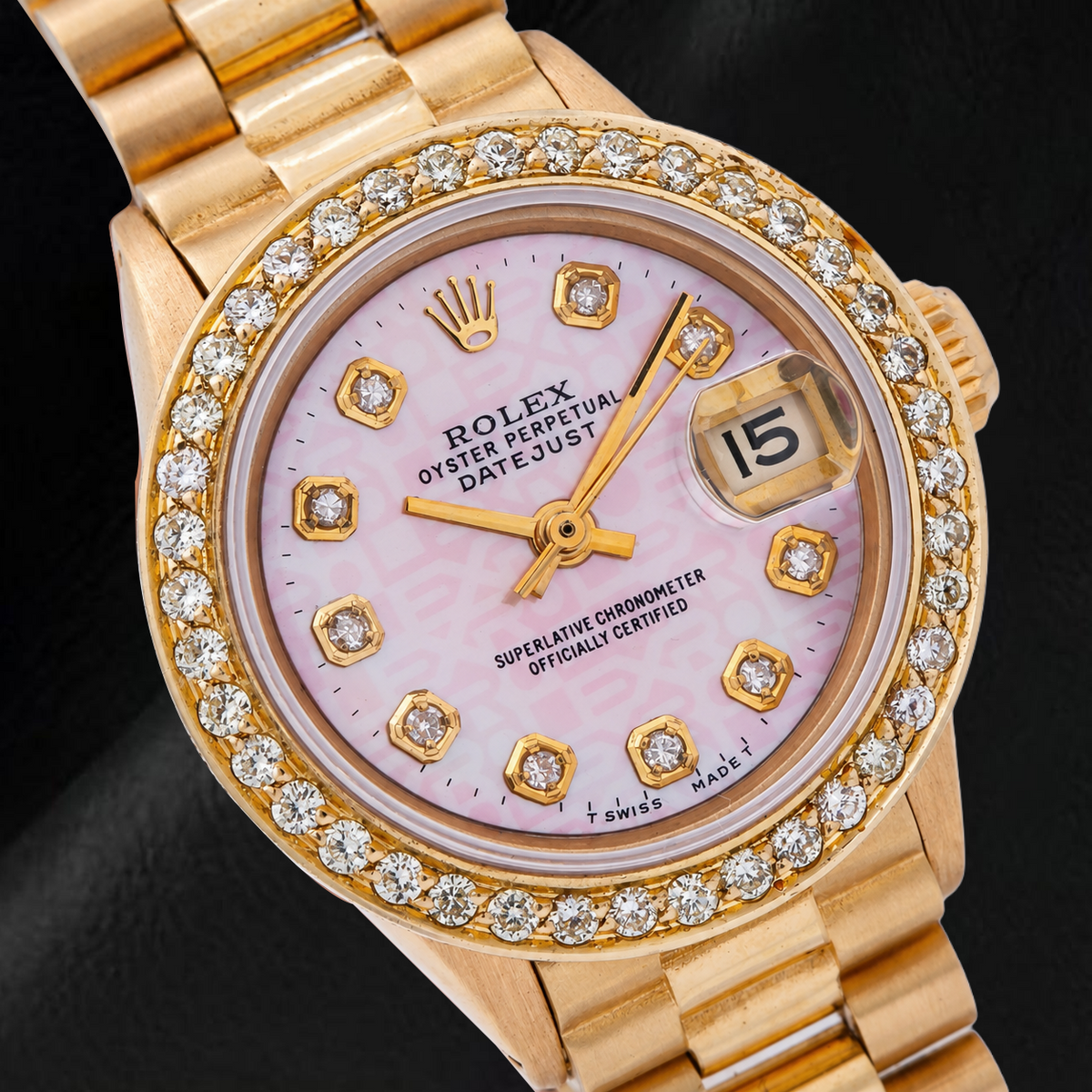 Rolex Datejust 69178 26mm Pink Jubilee Diamond Dial Yellow Gold President Bracelet Watch