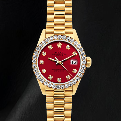 Rolex Datejust 69178 26mm Red Diamond Dial Yellow Gold President Bracelet 18K Watch