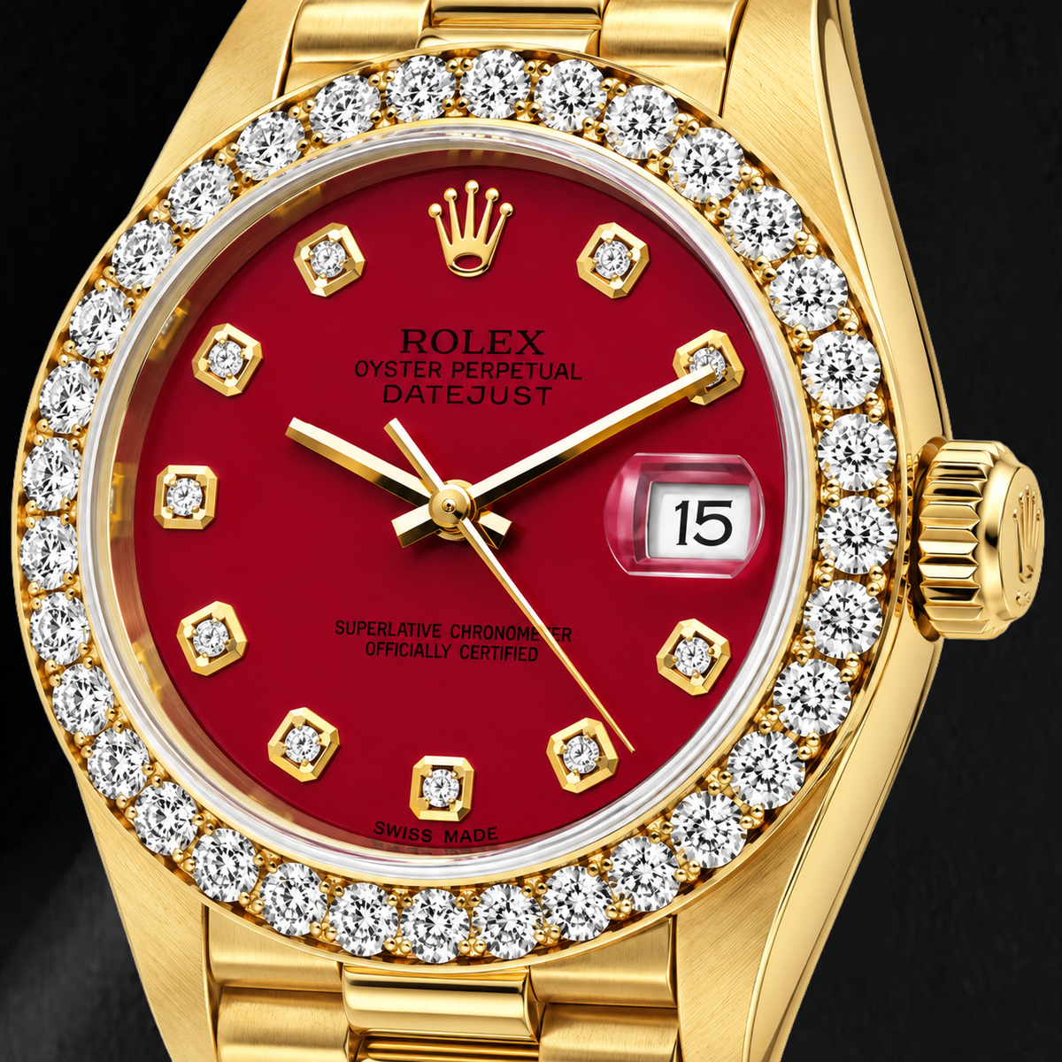 Rolex Datejust 69178 26mm Red Diamond Dial Yellow Gold President Bracelet 18K Watch