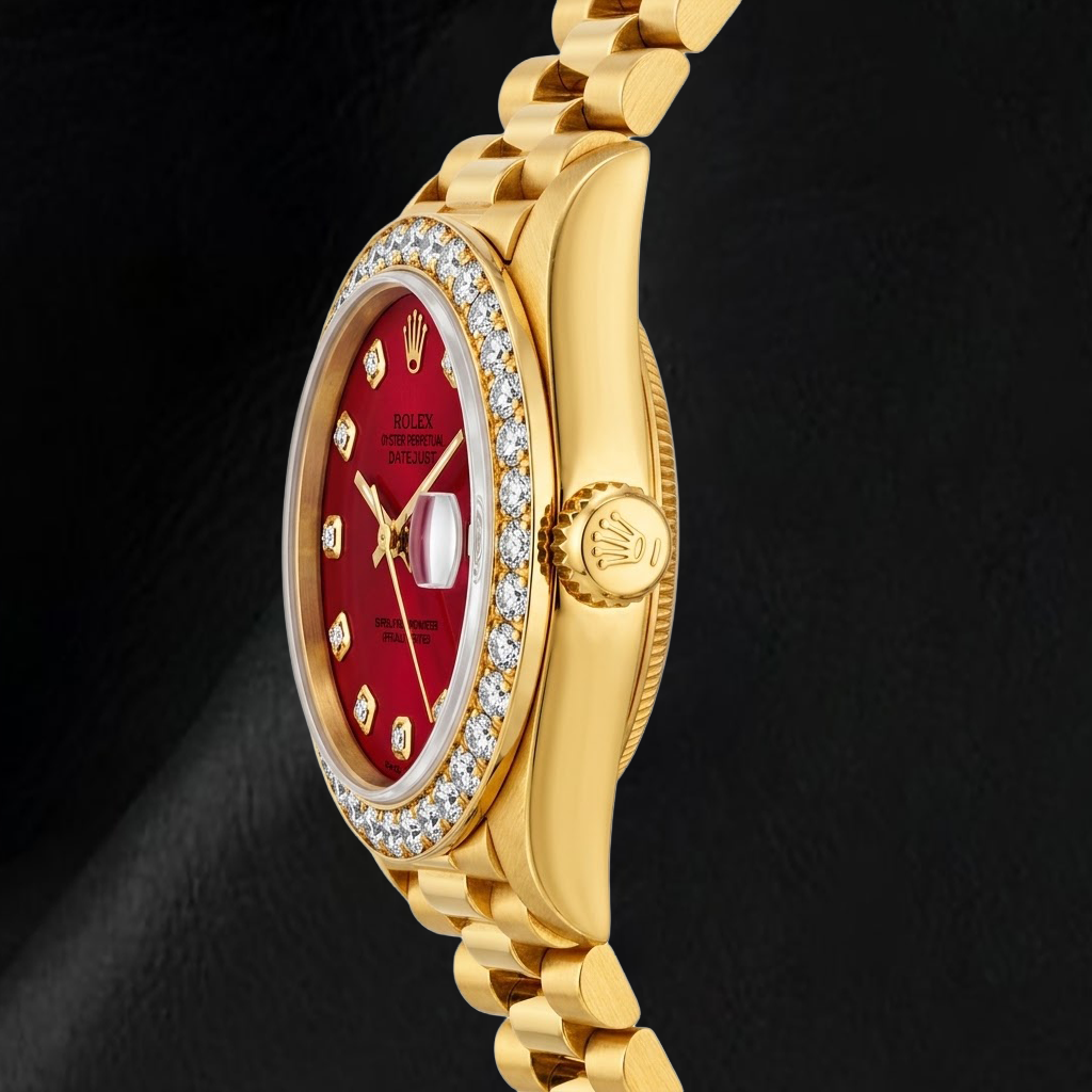 Rolex Datejust 69178 26mm Red Diamond Dial Yellow Gold President Bracelet 18K Watch