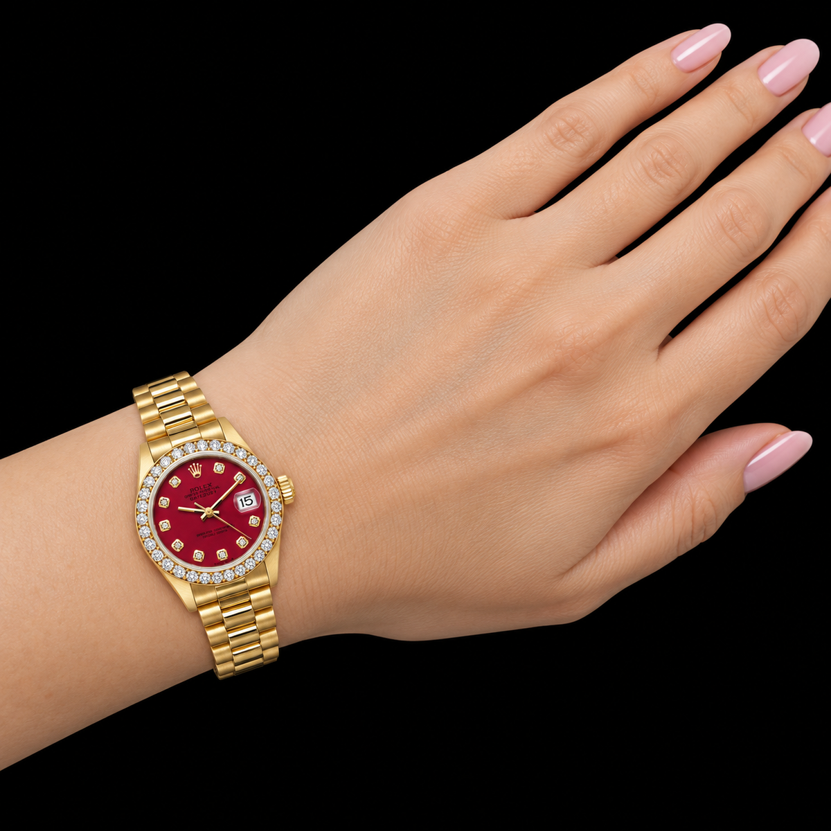 Rolex Datejust 69178 26mm Red Diamond Dial Yellow Gold President Bracelet 18K Watch