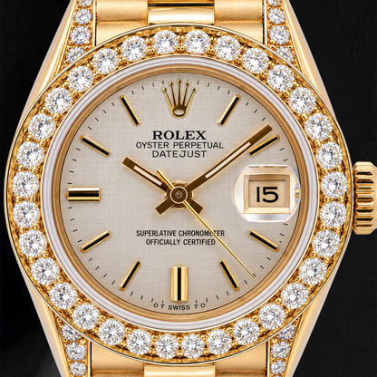 Rolex Datejust 69178 26mm Silver Linen Diamond Dial Yellow Gold Watch 18K