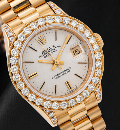 Rolex Datejust 69178 26mm Silver Linen Diamond Dial Yellow Gold Watch 18K