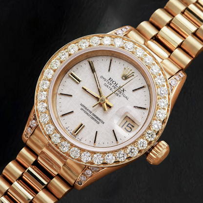 Rolex Datejust 69178 26mm Silver Linen Diamond Dial Yellow Gold Watch 18K