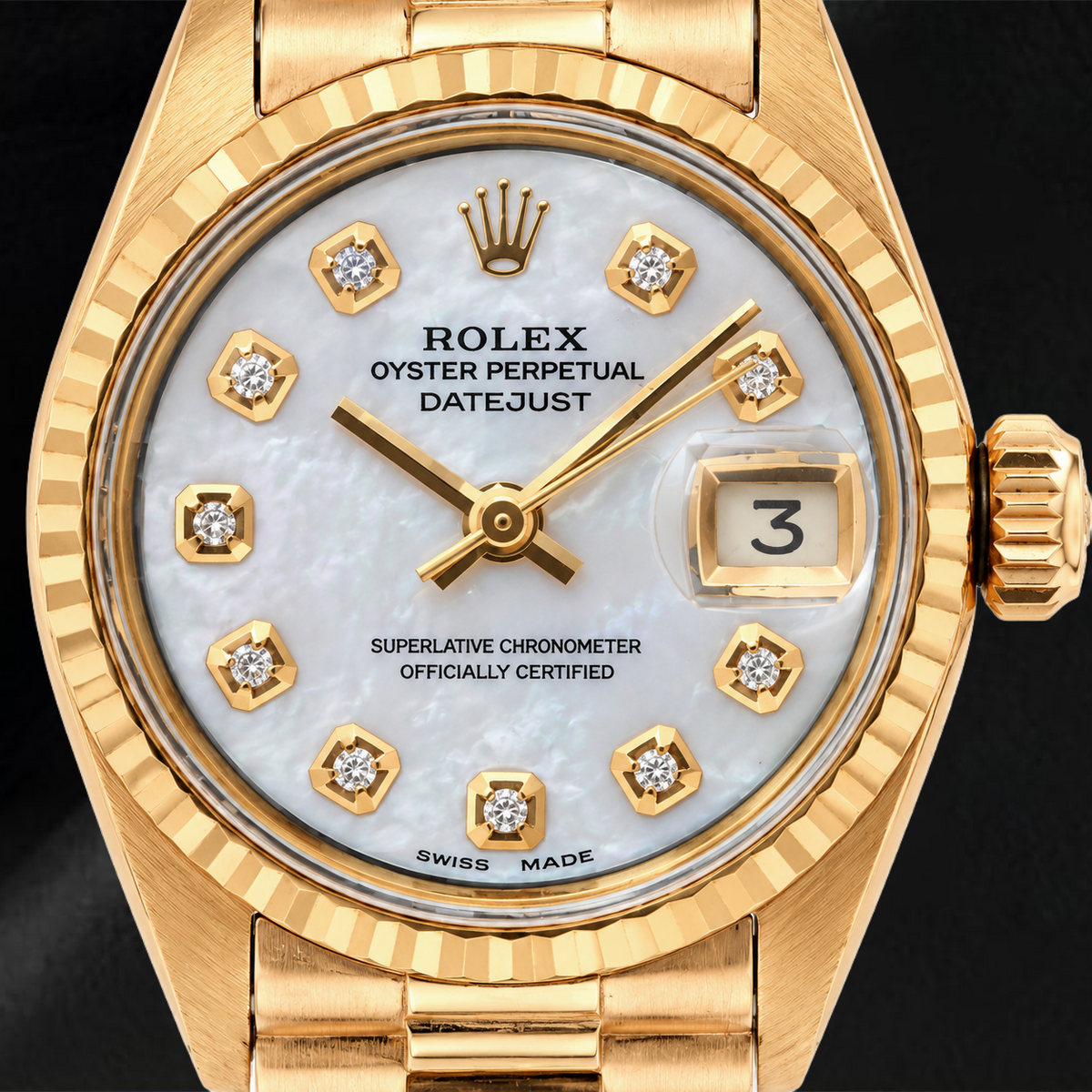 Rolex Datejust 69178 26mm White Mother of Pearl Diamond Dial Yellow Gold President Bracelet Watch