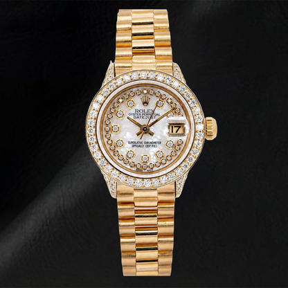 Rolex Datejust 69178 26mm White Mother of Pearl String Diamond Dial Yellow Gold President Bracelet Watch