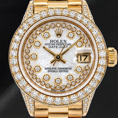 Rolex Datejust 69178 26mm White Mother of Pearl String Diamond Dial Yellow Gold President Bracelet Watch