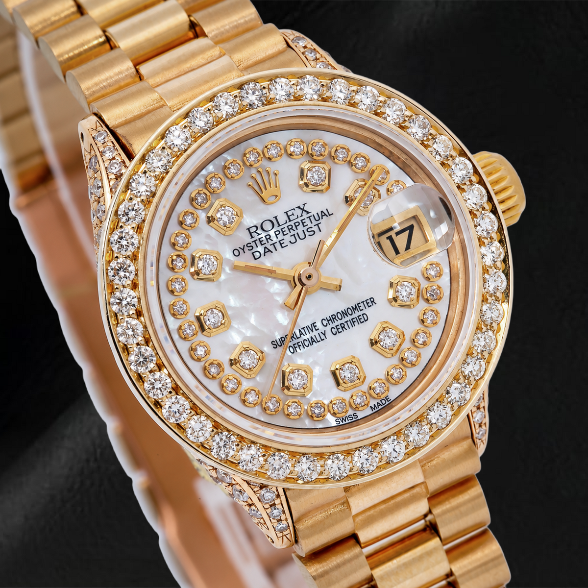Rolex Datejust 69178 26mm White Mother of Pearl String Diamond Dial Yellow Gold President Bracelet Watch