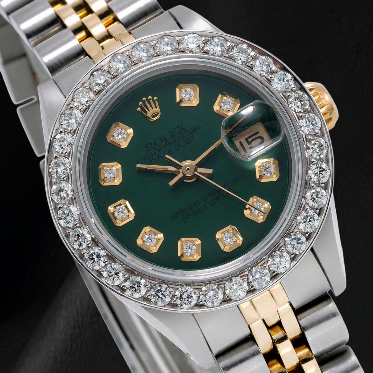 Rolex Datejust 6917 26mm Green Diamond Dial Diamond Bezel Two Tone Watch
