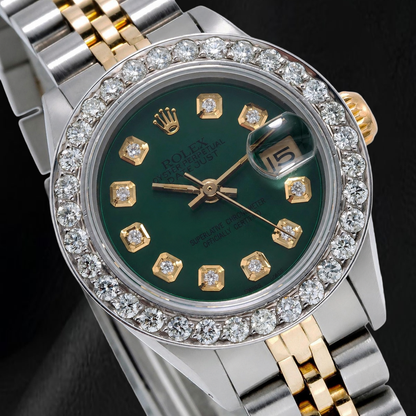 Rolex Datejust 6917 26mm Green Diamond Dial Diamond Bezel Two Tone Watch