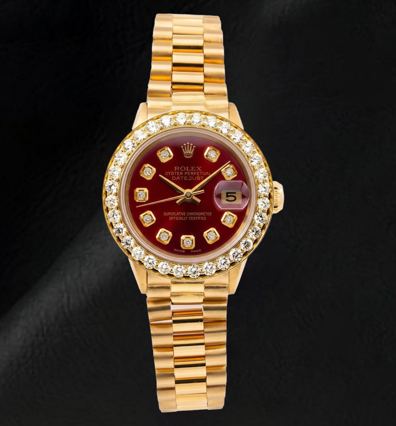 Rolex Datejust 6917 26mm Red Diamond Dial Yellow Gold President Bracelet Watch