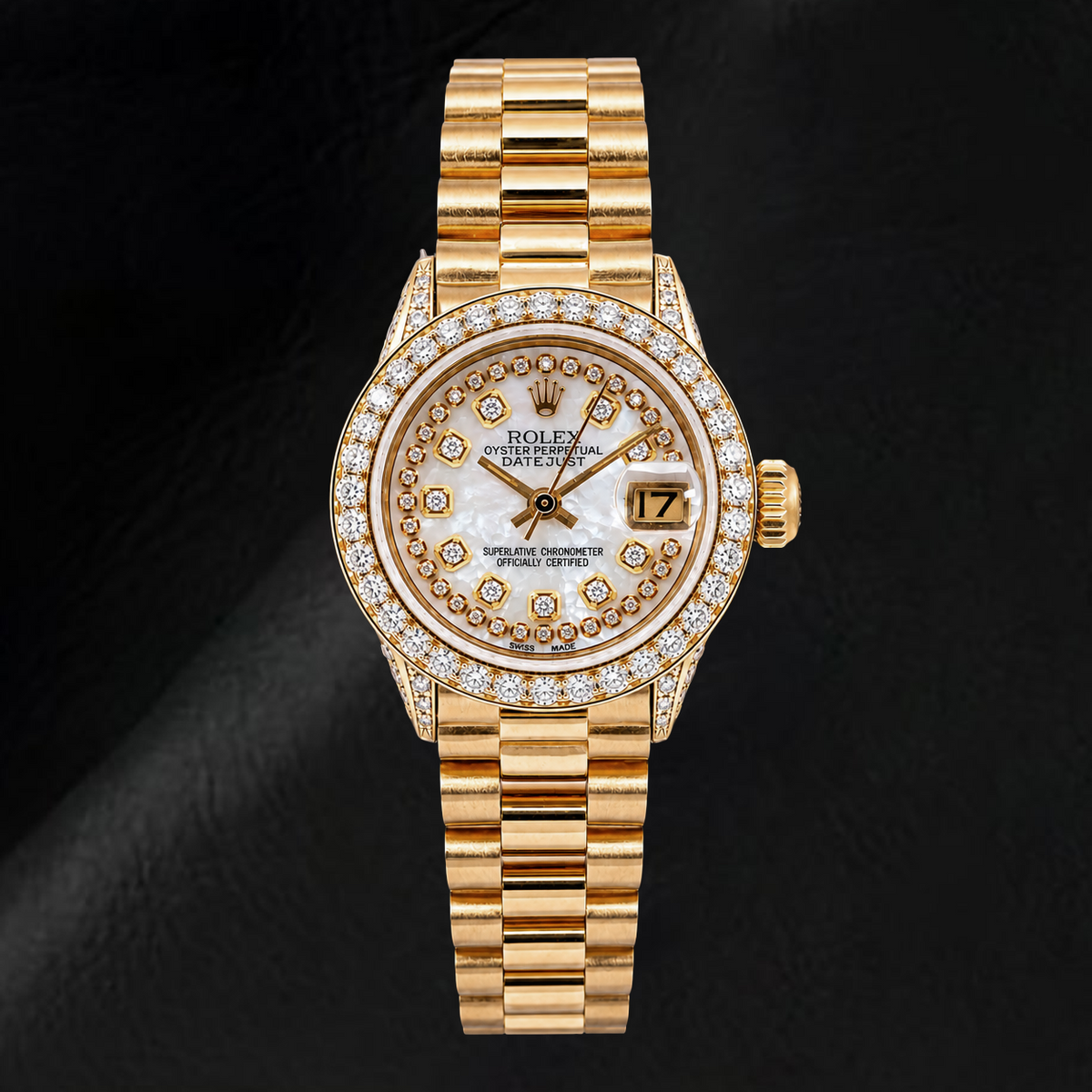Rolex Datejust 6917 26mm White Mother of Pearl String Diamond Dial Yellow Gold Watch