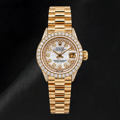 Rolex Datejust 6917 26mm White Mother of Pearl String Diamond Dial Yellow Gold Watch