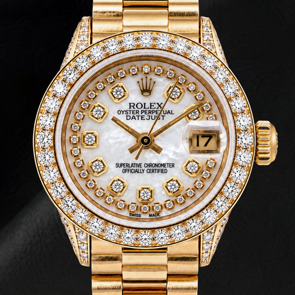 Rolex Datejust 6917 26mm White Mother of Pearl String Diamond Dial Yellow Gold Watch