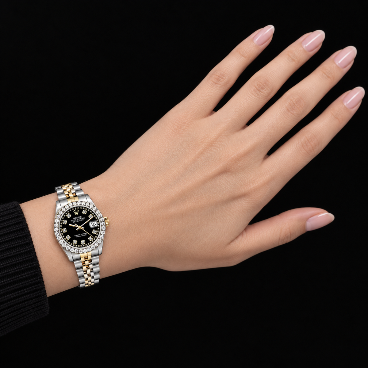 Rolex Datejust 6917 Lady 26mm Black String Diamond Dial Two Tone Watch
